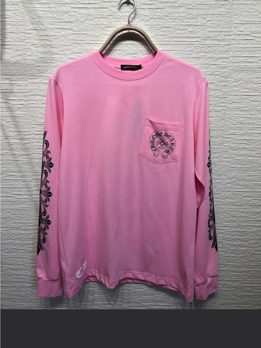 Chrome Hearts Pink Long Sleeve Pocket Tee with Black Sleeve Artwork